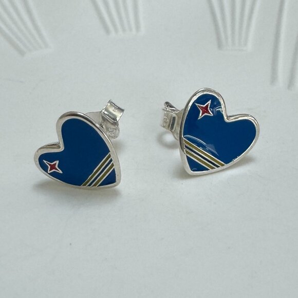 Aruba Flag Heart Earrings S925 Sterling Silver Stud Earrings Handmade - Picture 1 of 3